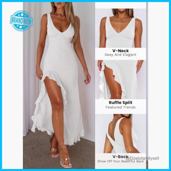 Sexy V Neck Backless Mesh Ruffle Hem Bodycon Maxi Dress Elegant Party - Picture 3 of 5